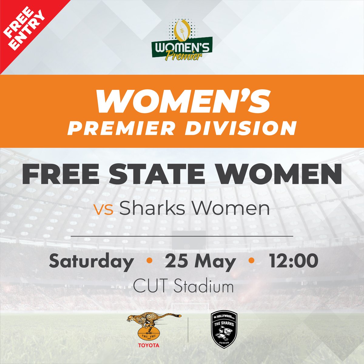 🚨Upcoming Match 🏆Women's Premier Division Free State Women vs Sharks Women 📅Saturday, 25 May ⏲️12:00 🏟️CUT Stadium, Bloemfontein @ToyotaSA