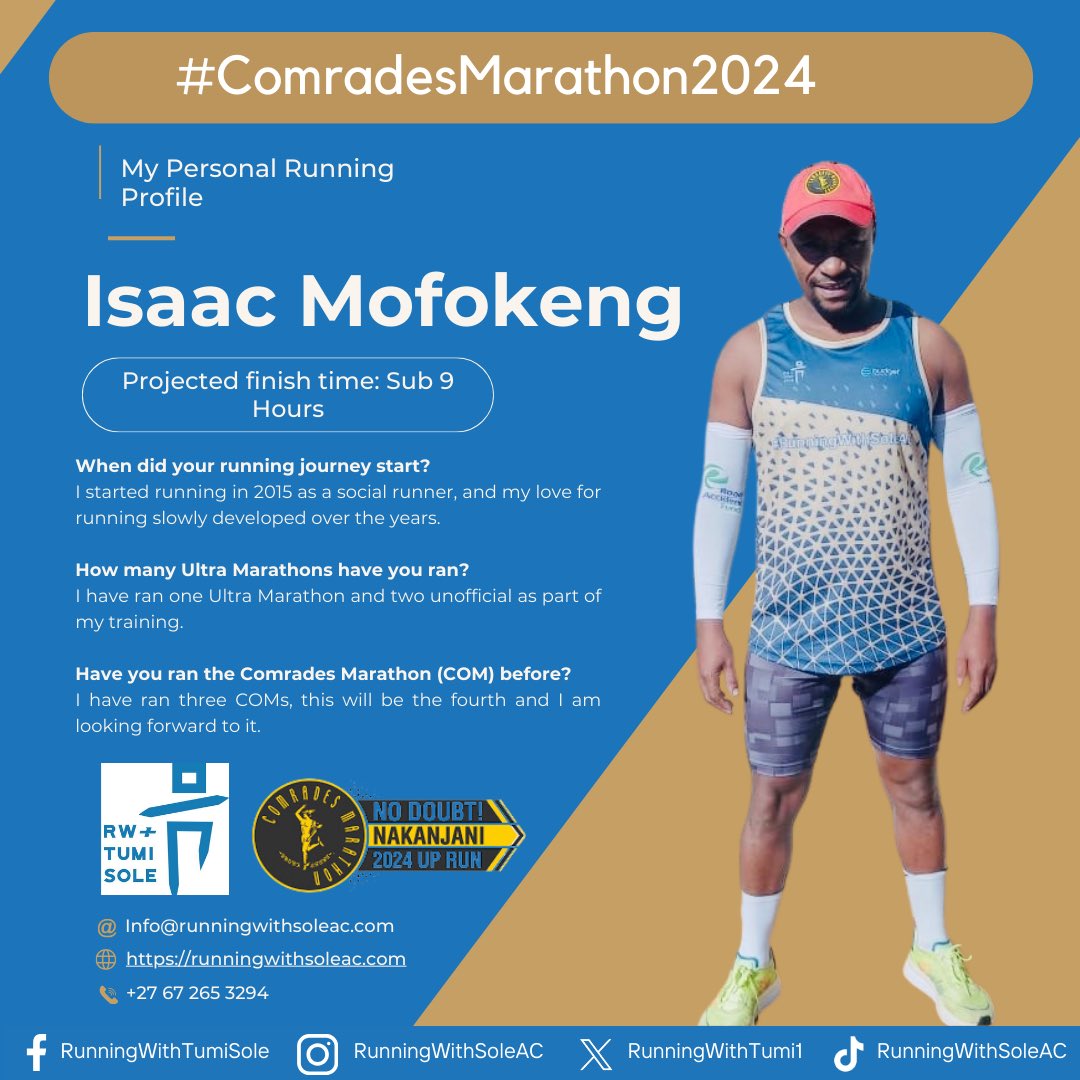 Runner profile 15/28 ✨ Coming in at number 15, he started running in 2015 as a social runner, with three COMs in the bag @mahlase05851900 will be representing the club and @budgetins at the 2024 Comrades Marathon @comradesmarathon. All the best Member, we look forward to