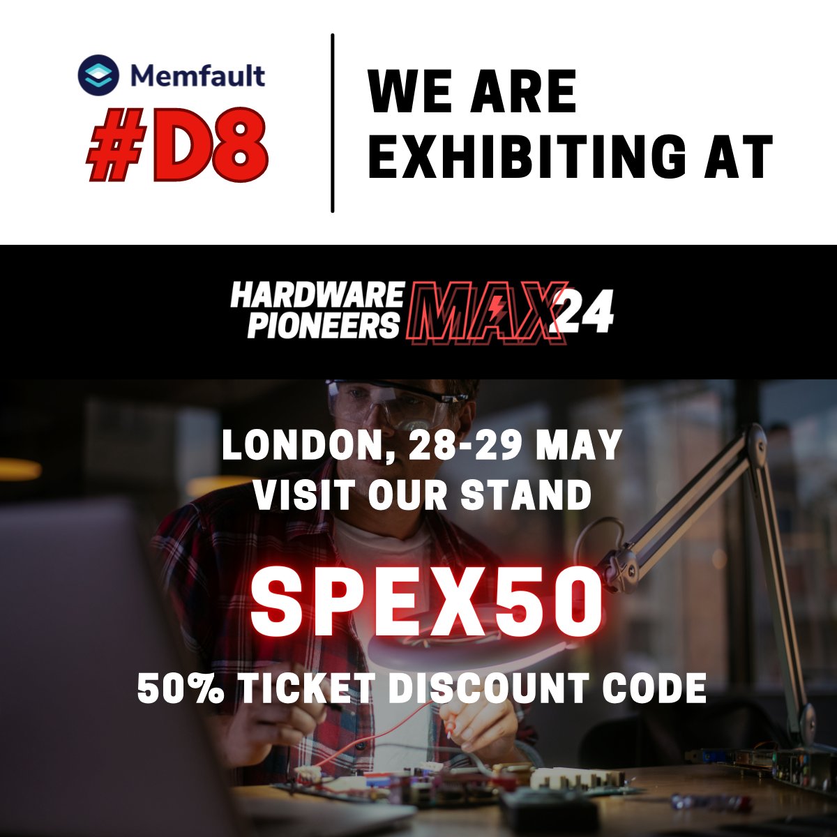 Join us next week at @HdwPioneers - the UK’s largest conference + exhibit dedicated to cutting-edge technologies, solutions, and tools for innovation-driven engineering teams. For 50% off registration costs, use Memfault's promo code SPEX50! hubs.la/Q02y5xXF0 #HWPmax24