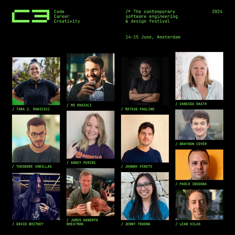 c3devfest's tweet photo. Meet the C3 Dev Festival speakers🎤 They will be sharing insights with you on AI, the future of tech, open source, perfecting your career, UX, content creation for developers, and much more! 

📅See you in Amsterdam, June 14 &amp; 15!