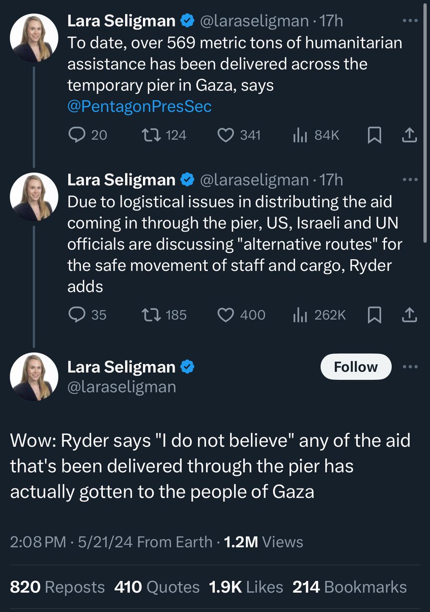 Biden built a pier with taxpayer money to try to appease terrorist simps in Michigan. The Pentagon is admitting that none of the aid has even gotten to regular Gazans because Hamas is stealing it all to use or sell. Worst foreign policy mind in history strikes again.