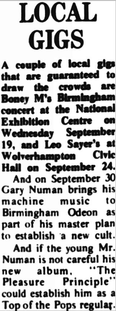 Last article from 1979, in the Lichfield Mercury September 14 1979.  The young Mr #GaryNuman was not careful and went on to stardom far greater than TotP.
