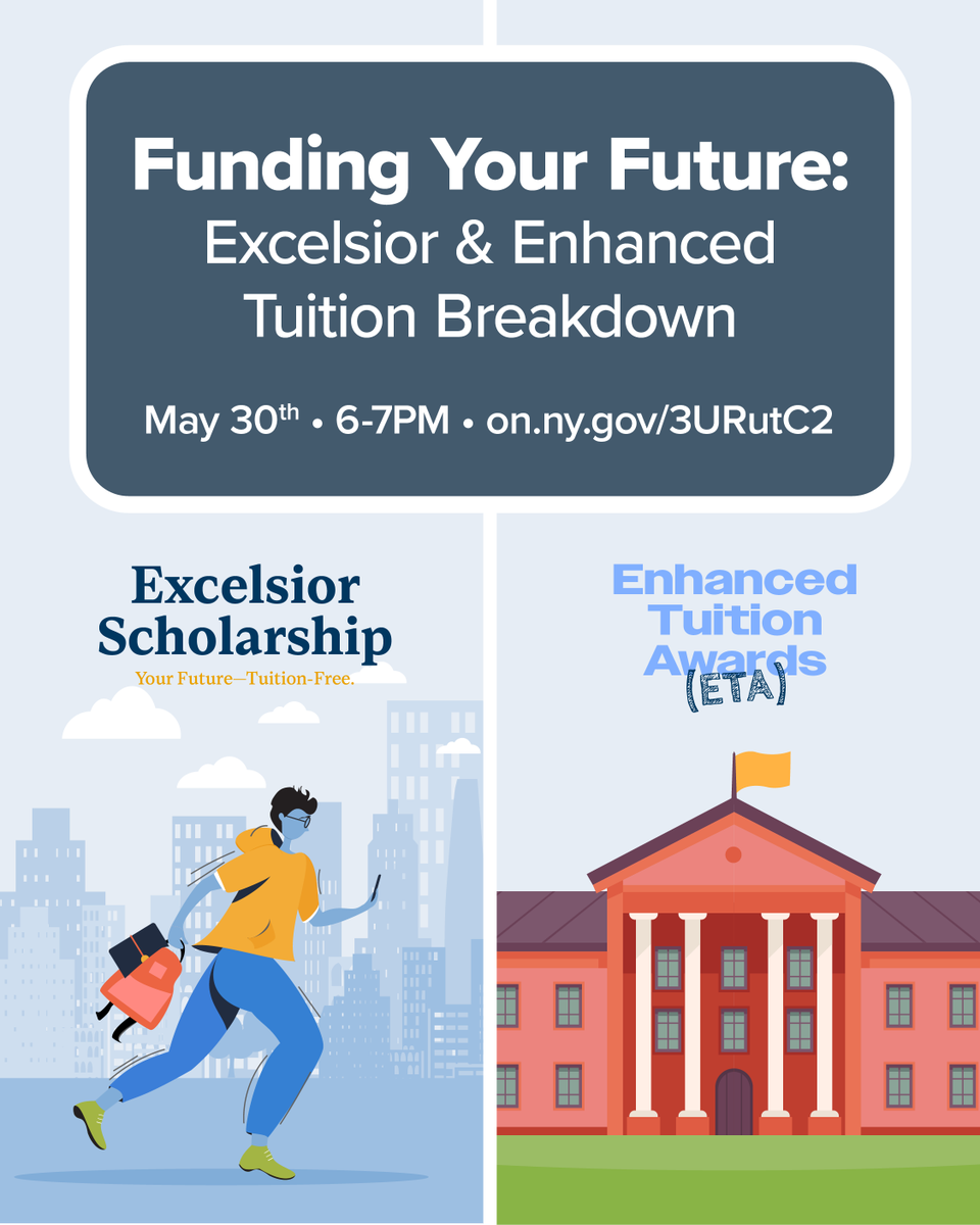 NYSStudentAid's tweet image. With Excelsior and ETA applications open, now&apos;s a perfect time to learn how these scholarships can help you on whatever path you take.

Learn how the Excelsior Scholarship and Enhanced Tuition Award programs can support your goals towards higher education. on.ny.gov/3URutC2