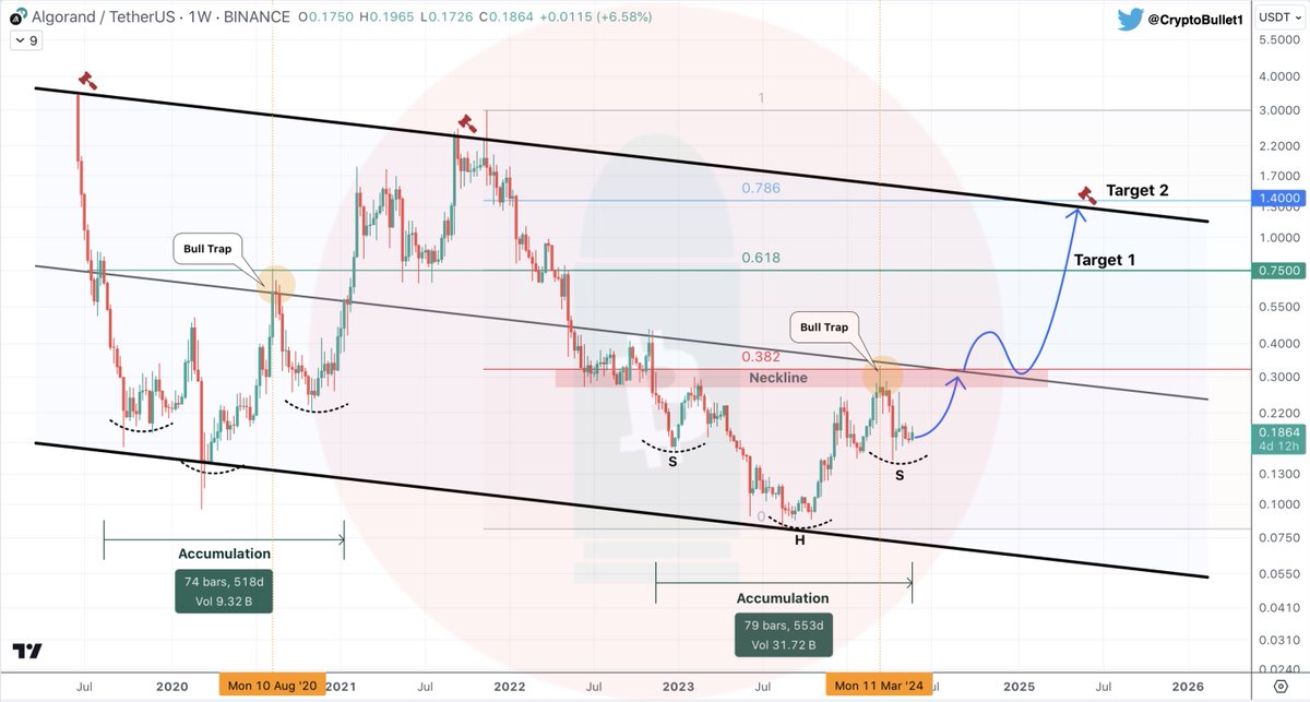 $ALGO #Algorand Macro chart

Looks like #ALGO is repeating the 2019-2021 cycle:

- Same 500+ Days of Accumulation below the mid like of the Downward Channel;
- Same inverse Head & Shoulders pattern (but now much better shaped);
- Same Bull Trap (August 2020 - March 2024).

If you