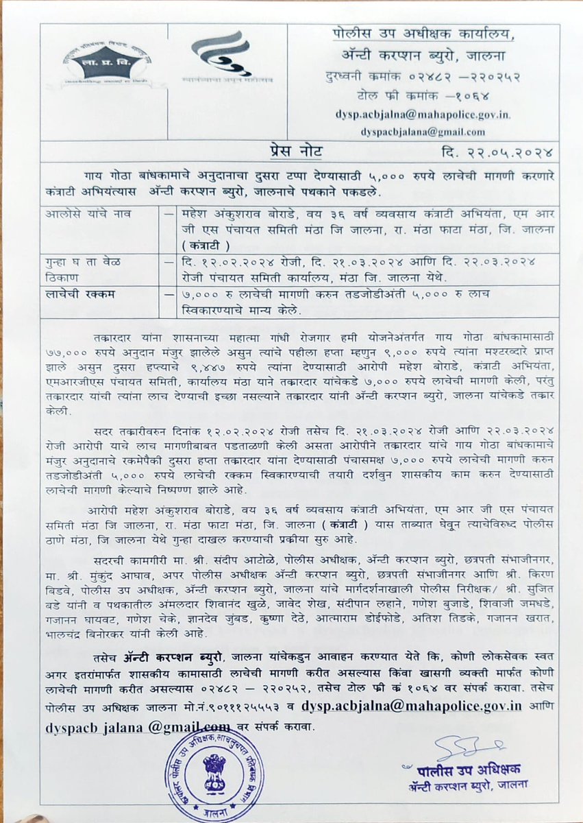 लाचलुपत प्रतिबंधक विभाग जालना यांनी दिनांक 22/05/2024 रोजी केलेल्या कार्यवाहीची प्रेस नोट
*लोकसेवक अथवा त्यांच्या वतीने कोणी खाजगी व्यक्ती कायदेशीर काम करून देण्यासाठी लाचेची मागणी करत असेल तर खालील क्र.संपर्क साधावा ACB OFFICE 02452-220252
मो.क्रं.9011125553
टोल फ्री क्रमांक1064