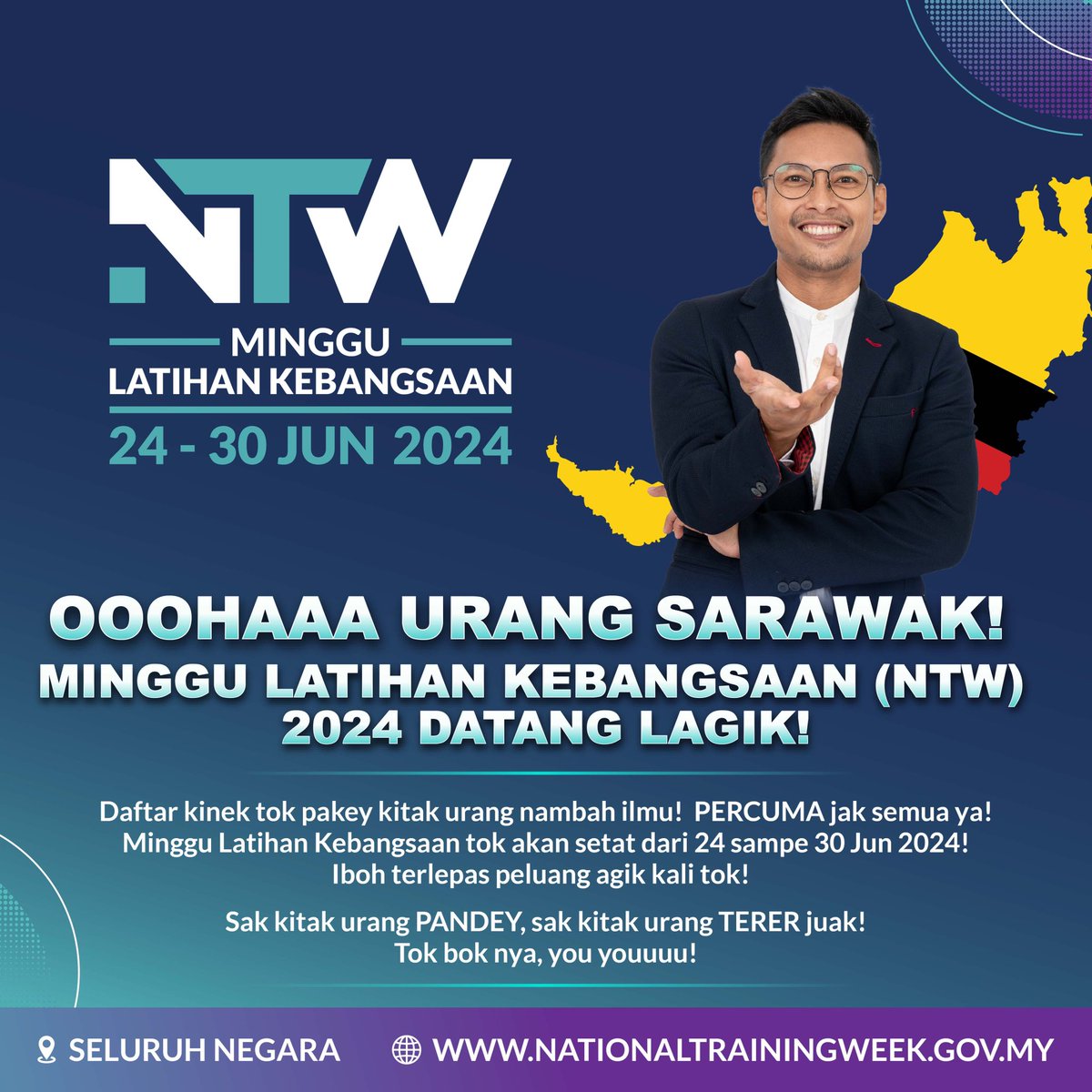 hrdcorp_'s tweet photo. Ooohaaaa adik kakak urang Sarawak! 

Juh poret lok kita! Tauk sik, ada 25,000 kursus latihan percuma bakal ditawarkan untuk adik kakak semua sepanjang Minggu Latihan Kebangsaan (NTW) 2024. Yahhhhh, best eh. https://t.co/gDCttw9IeF