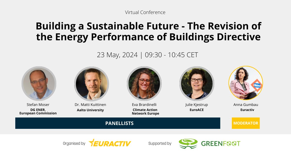 TOMORROW I Building a Sustainable Future - The Revision of the Energy Performance of Buidlings Directive. 

Join this Euractiv Virtual Conference to discuss the revised EPBD. 

Register here: eurac.tv/9WW6
More info here: eurac.tv/9WW8.