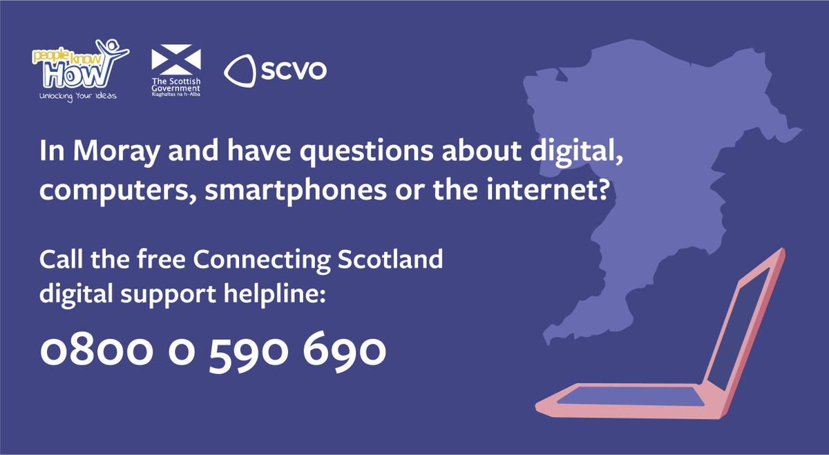 If you live in #Moray you can call the Connecting Scotland Digital Support Helpline and speak to a member of our team for free digital advice. Call the helpline on 0800 0590 690, open Mon to Fri, 10am - 4pm Or find out more: peopleknowhow.org/reconnect