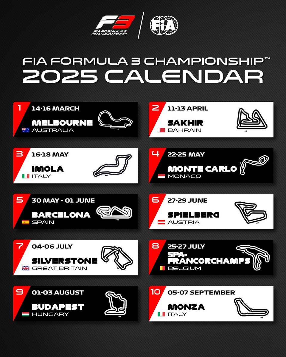 🚨 OFFICIEL ! La Formule 2 et Formule 3 DÉVOILENT leur calendrier pour la saison 2025 ! 🗓️ Pas de changement hormis la manche d'ouverture qui se déroulera désormais à Melbourne 🇦🇺 (🎨 @Formula2 & @Formula3 / #F2 #F3)