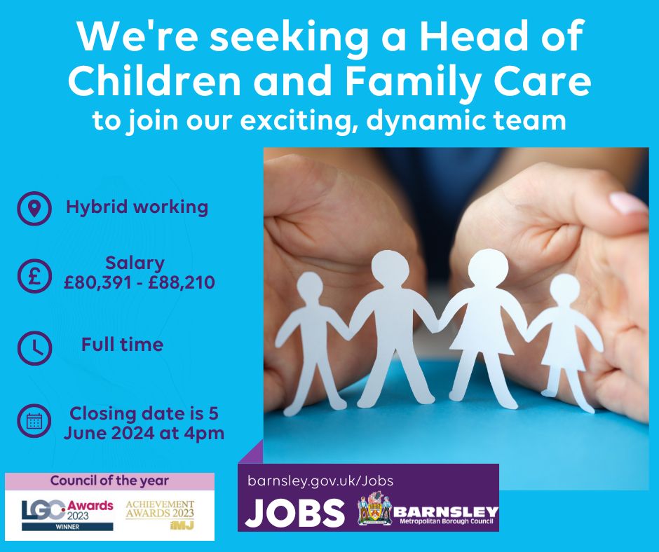 We have a really exciting opportunity to join us as a Head of Children and Family Social Care (£80,391 - £88,210).

This exciting opportunity is open for applications now until 4pm on 5 June 2024. 

Click the link below for more information and to apply!

barnsley.engageats.co.uk/Vacancies/W/54…