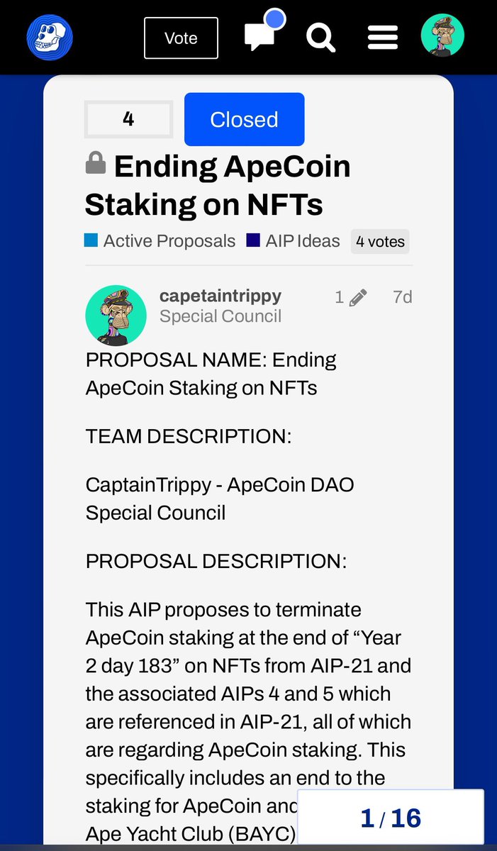 DAOs are really interesting structures. People made financial decisions based on the staking plan and now we come with an AIP to cancel it? I know many people bought into BAYC/ MAYC to stake apecoin and wait for the usecase of ApeCoin in the Otherside. Wow. Does this mean