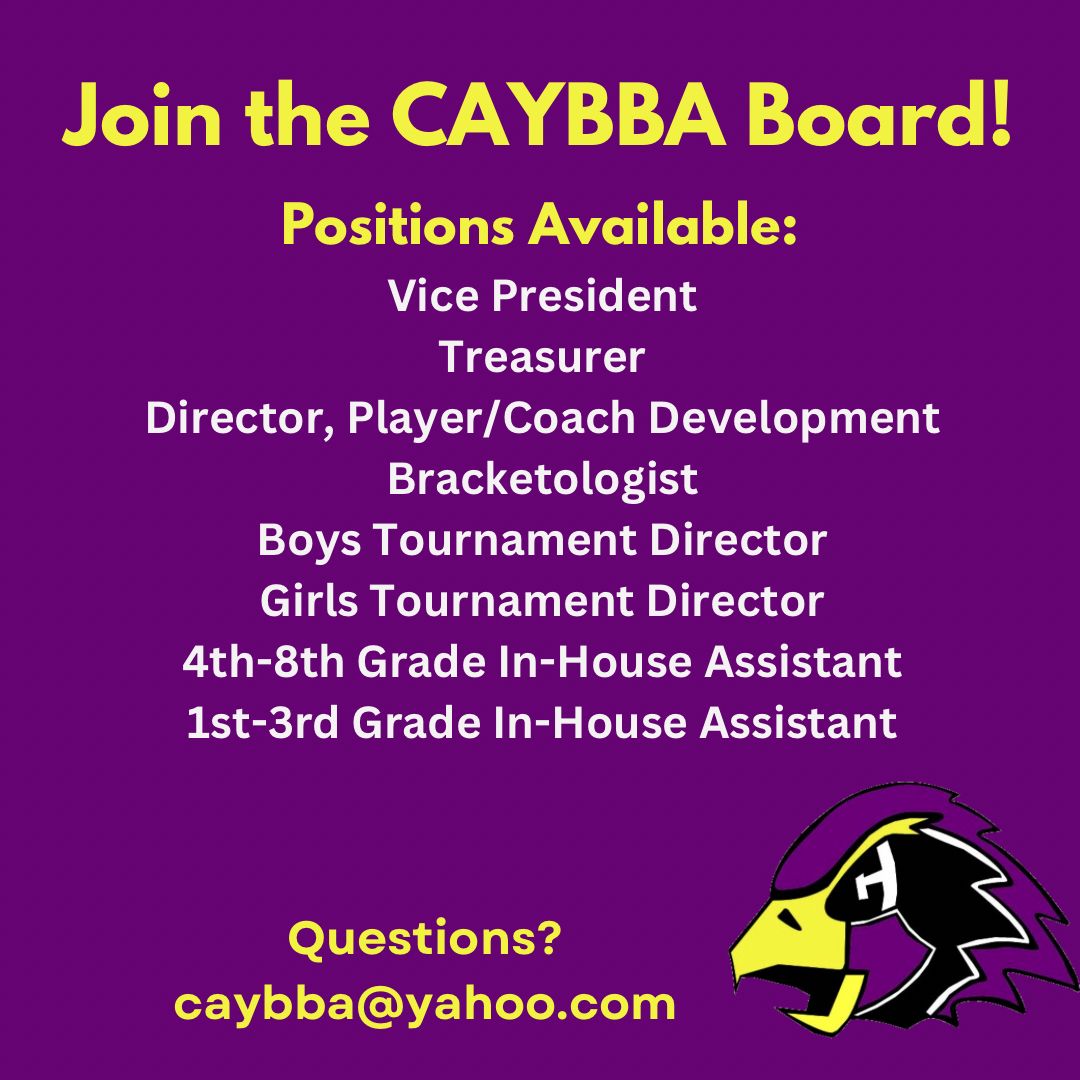 We want YOU to join our Board!!
CAYBBA is a volunteer-driven org dedicated to the growth of Chaska youth through basketball. 

We have several leadership positions available starting in June ‘24. Learn more and apply by May 30th at caybba.com!