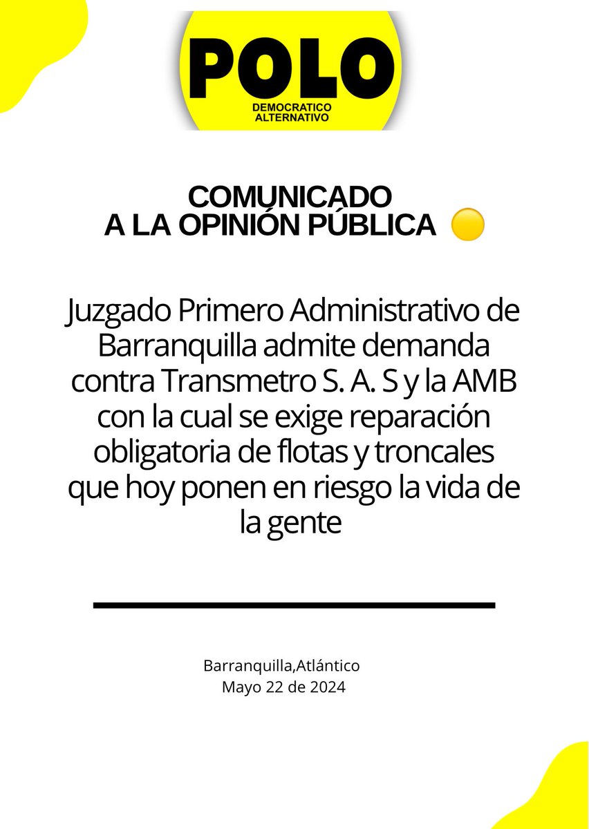 PDA_Atlantico's tweet photo. 🟡 COMUNICADO 📢

🚎 Juzgado Primero Administrativo de Barranquilla admite demanda contra Transmetro S. A. S y la AMB con la cual se exige reparación obligatoria de flotas y troncales que hoy ponen en riesgo la vida de la gente. 

@juanmazabq 
@AntonioBohrquez 
@PoloDemocratico https://t.co/eV0589KBGD