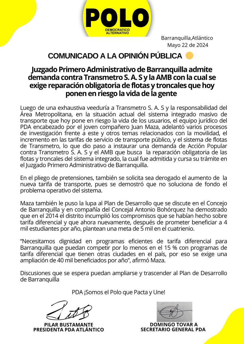 PDA_Atlantico's tweet photo. 🟡 COMUNICADO 📢

🚎 Juzgado Primero Administrativo de Barranquilla admite demanda contra Transmetro S. A. S y la AMB con la cual se exige reparación obligatoria de flotas y troncales que hoy ponen en riesgo la vida de la gente. 

@juanmazabq 
@AntonioBohrquez 
@PoloDemocratico https://t.co/eV0589KBGD