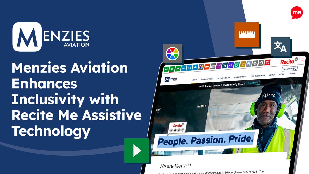 We are excited to be working with MenziesAviation to create an inclusive online experience 🖥️ Juliet Thompson from Menzies Aviation told us, 'We're proud to embrace Recite Me, which will help us to maximise the strength and diversity of our workforce.' eu1.hubs.ly/H09cJbt0