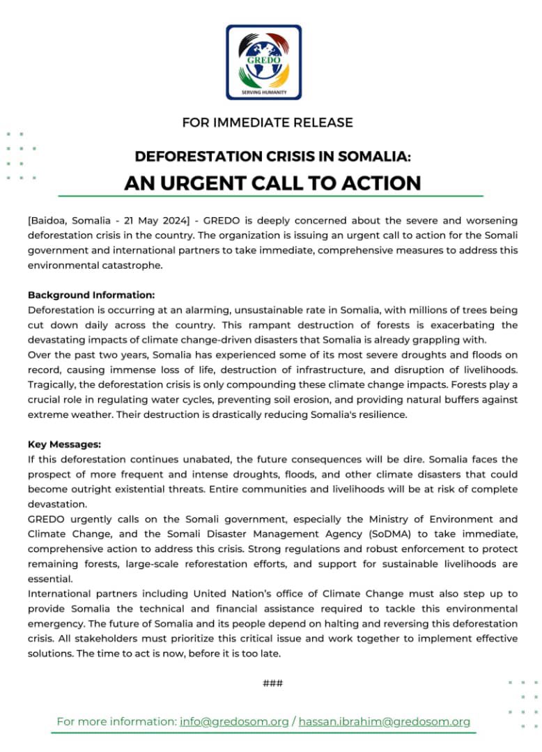 #Somalia at stake devastating deforestation is compounding the country's #climate disasters, putting entire societies at risk.

#Civilsociety groups  are demanding @MoECC_Somalia to implementation the newly enacted law that will solve the env-obstacles & prevent these disasters.