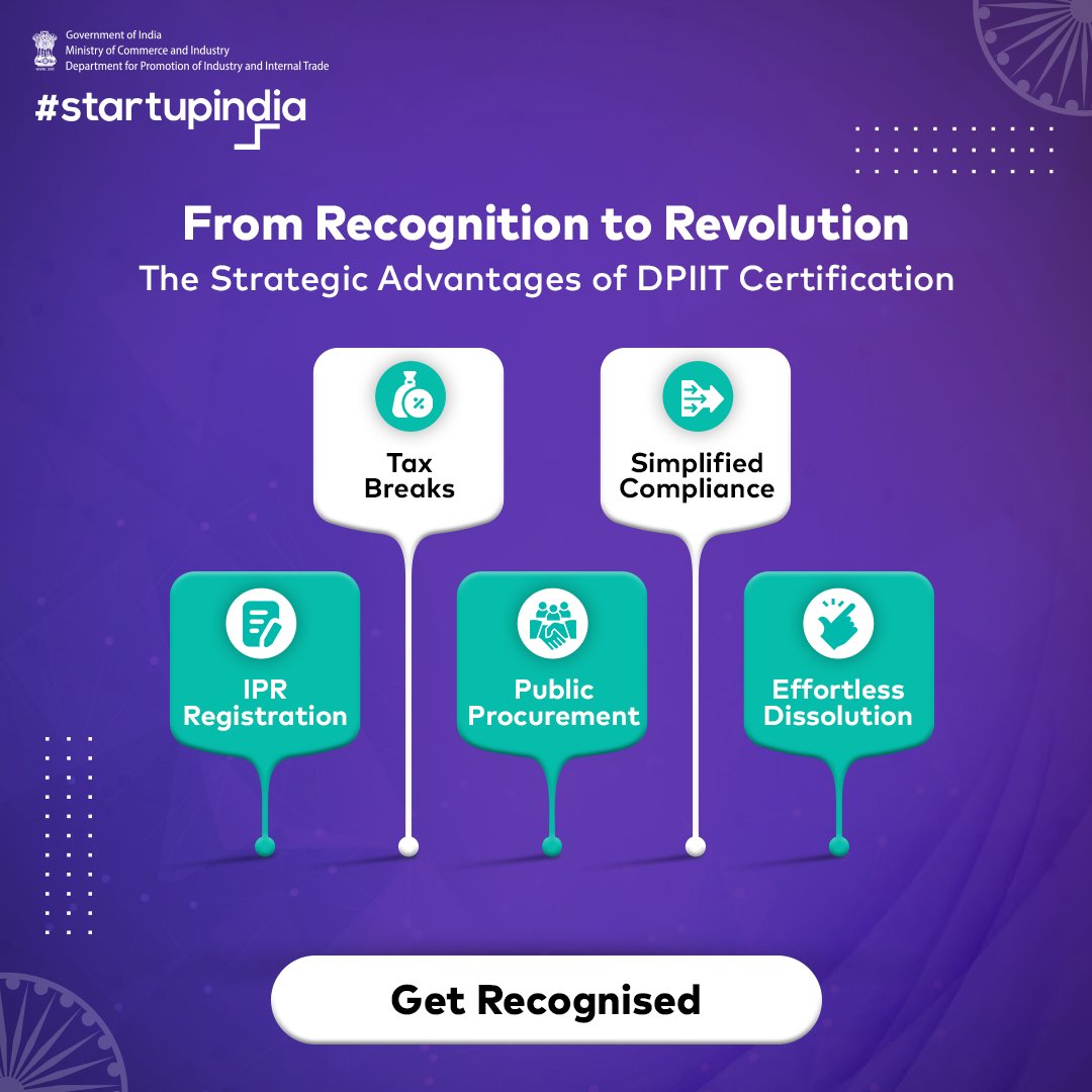 From tax benefits to simplified compliance, IPR registration to public procurement and effortless dissolution, DPIIT certification offers strategic advantages for #startups. Register today: bit.ly/3SocVL6 #StartupIndia #DPIITRecognition #Business #IndianStartup