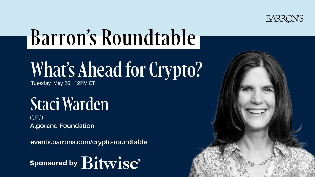 🤔 What's the current outlook on crypto? Algorand Foundation CEO @StaciW_DC joins @barronsonline roundtable to discuss the state of crypto. 🗓️ May 28 @ 12pm ET Register for free to join the conversation: events.barrons.com/crypto-roundta…