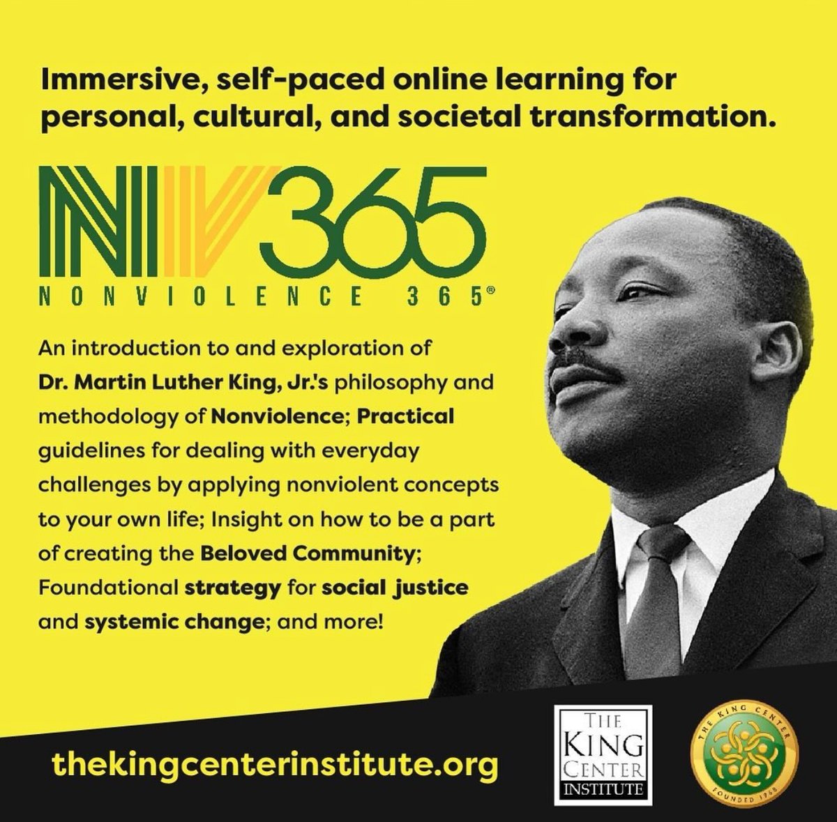 Study #KingianNonviolence with an immersive, self-paced online course on #MLK's philosophy of nonviolence. Start your journey today! thekingcenterinstitute.pulse.ly/gxej8m9m29