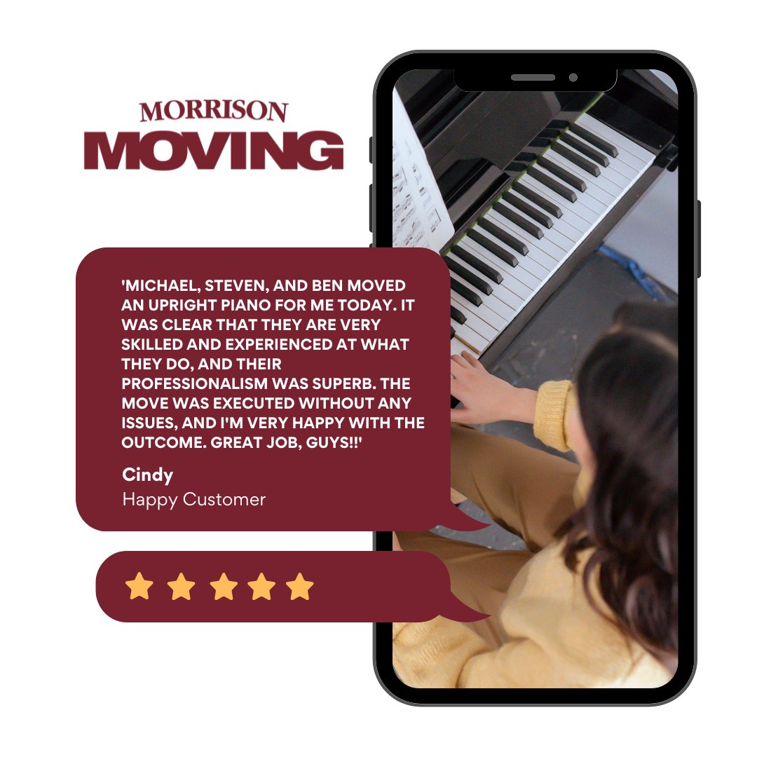 'Michael, Steven, and Ben moved an upright piano for me today. It was clear that they are very skilled at what they do, and their professionalism was superb. The move was executed without any issues, and I'm very happy.' Big thanks to Cindy for sharing her experience!