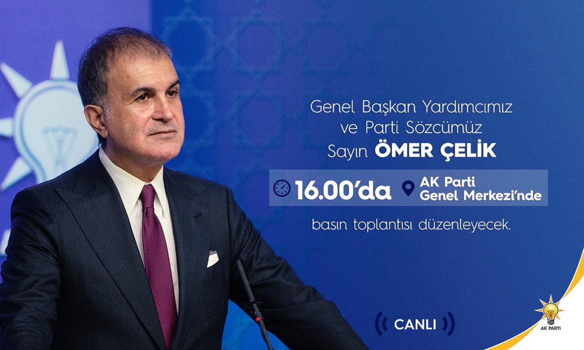 Genel Başkan Yardımcımız ve Parti Sözcümüz Sayın @omerrcelik saat 16.00’da AK Parti Genel Merkezi’nde basın toplantısı düzenleyecek.