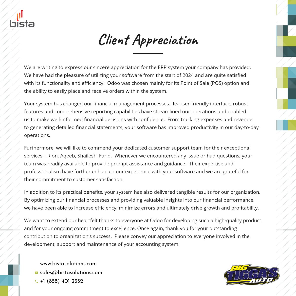 We sincerely thank #Big Tiggas Auto for selecting us as your trusted partner.

Reach out to us today for a complimentary consultation:bistasolutions.com/resources/case…

#odoopartner #PartnersInSuccess #teamworkmakesthedreamwork #SuccessStory  #odooexperts #erpsolutions