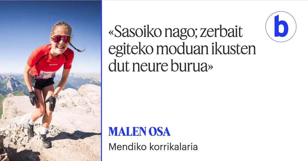 Berria.eus (@berria) on Twitter photo Asteburuan korrituko dute <a href="/ZegamaAizkorri/">Zegama Aizkorri</a> mendi lasterketa Lide Urrestarazuk, Malen Osak eta Sara Alonsok. Ez zegoen Osaren helburuetan aurtengoan parte hartzea, baina «oso ondo» prestatu da iganderako.
<a href="/ugarzu/">Unai Ugartemendia</a>
berria.eus/mendia/berriak… Asteburuan korrituko dute <a href="/ZegamaAizkorri/">Zegama Aizkorri</a> mendi lasterketa Lide Urrestarazuk, Malen Osak eta Sara Alonsok. Ez zegoen Osaren helburuetan aurtengoan parte hartzea, baina «oso ondo» prestatu da iganderako.
<a href="/ugarzu/">Unai Ugartemendia</a>
berria.eus/mendia/berriak…