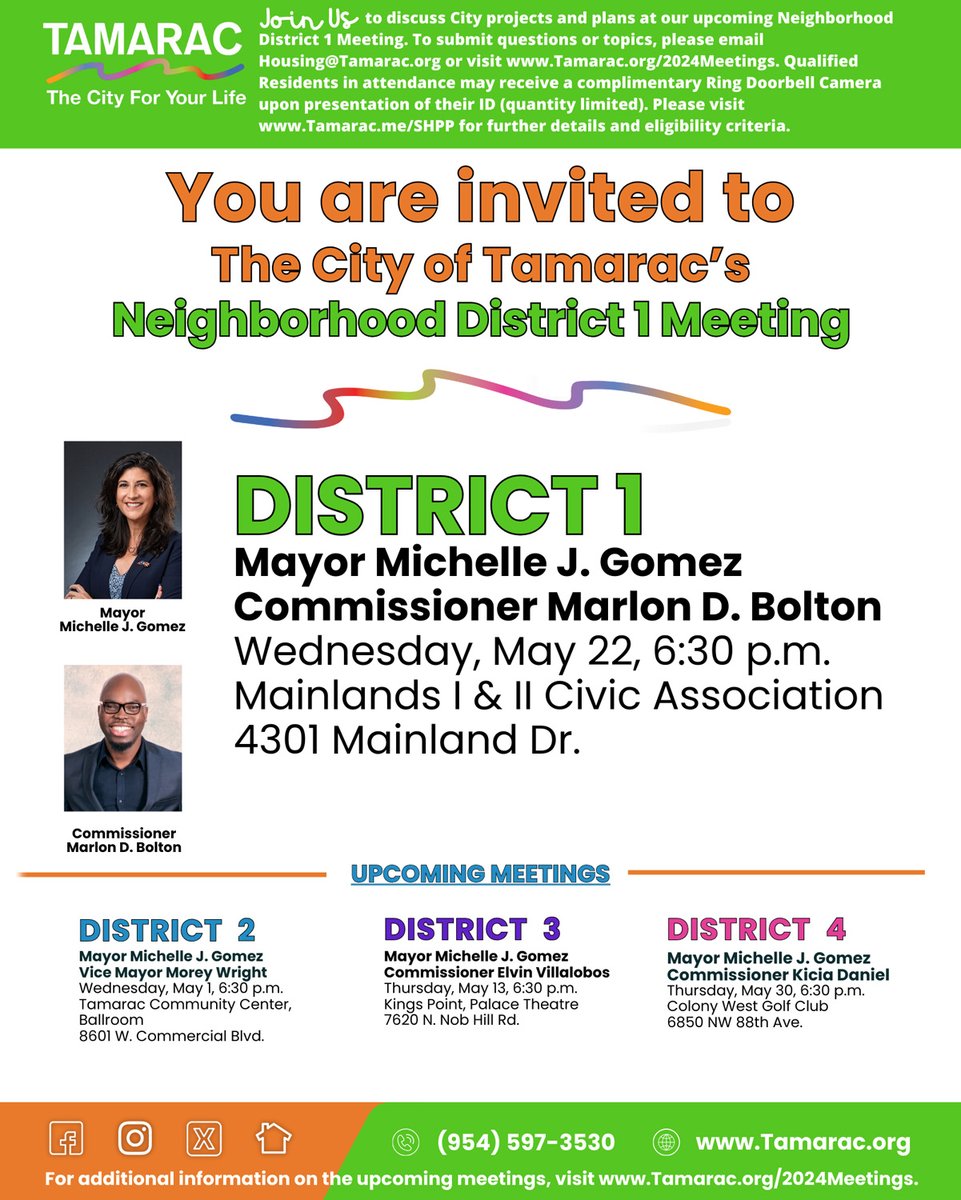 TONIGHT! Come join us for an upcoming Neighborhood Meeting to discuss upcoming and current City projects. The next meeting will be May 22 @ the Mainlands Association, 4301 Mainland Dr. At 6:30pm, Tamarac elected officials and staff will be present to answer questions.