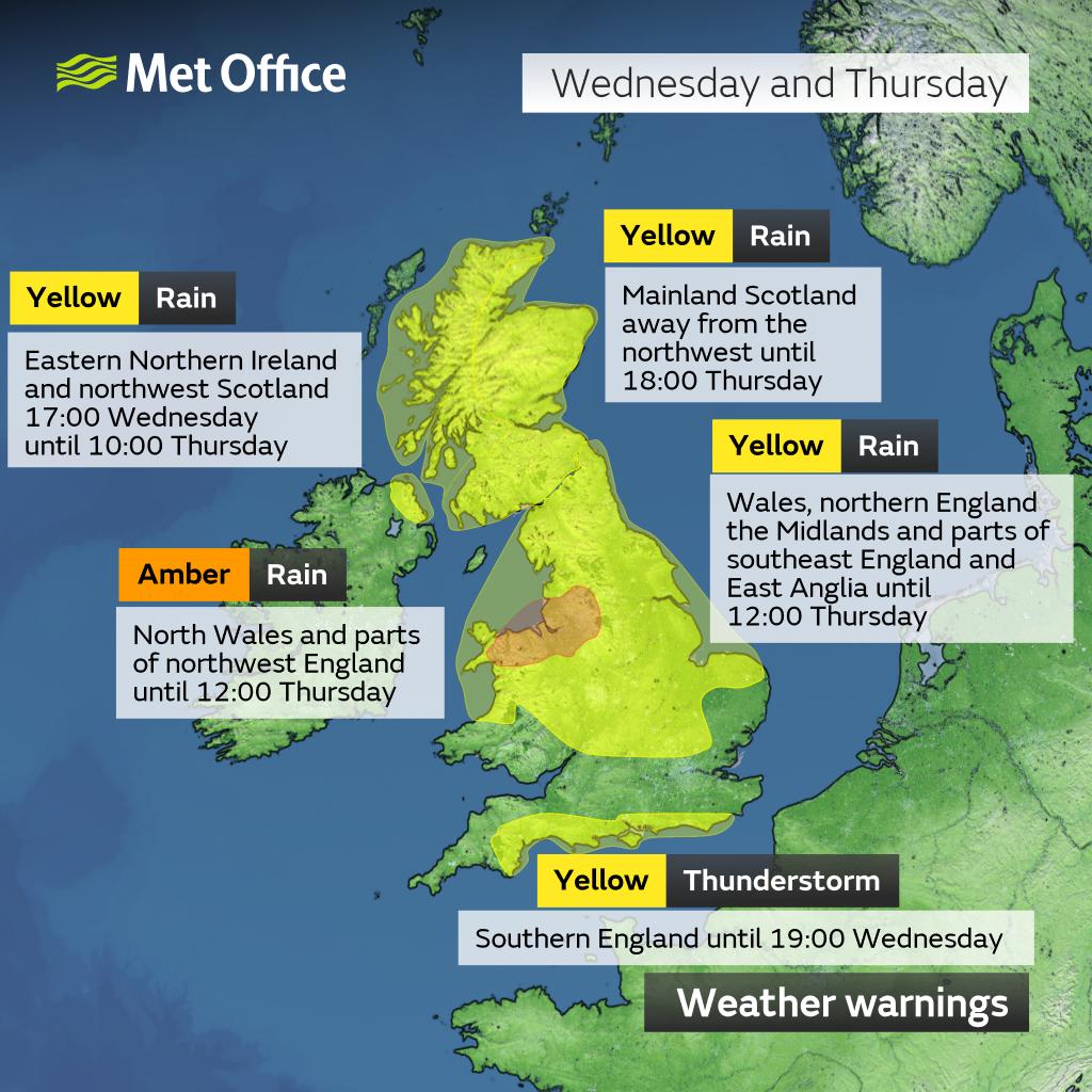 Multiple weather warnings for #rain and #thunderstorms are in place across the UK today and on Thursday ⚠️ For further details on the warnings ⤵️ bit.ly/WxWarning