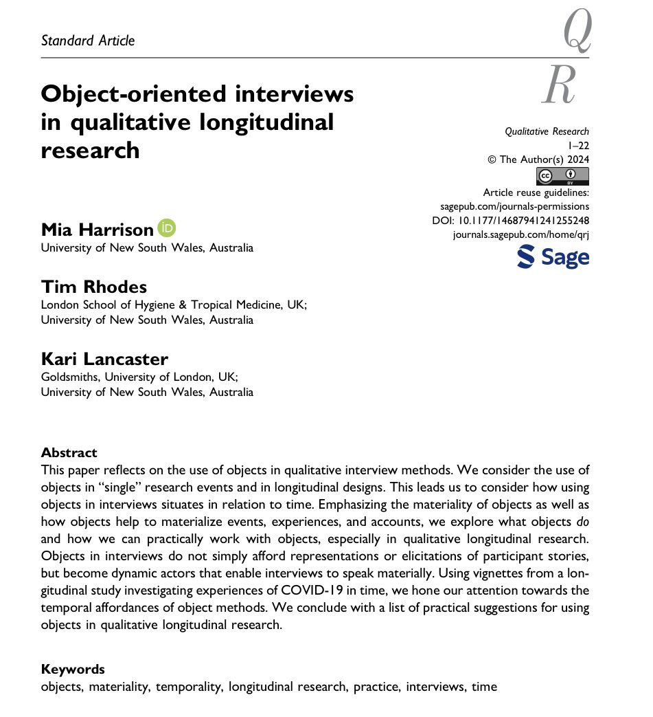 🚨New paper in Qualitative Research!
We reflect on the use of objects in qualitative interviews, what they do, and how object methods materialise events, practices, bodies and effects in relation with time. 
Led by @ManxomeMia with me and @tim__rhodes. 
journals.sagepub.com/doi/10.1177/14…