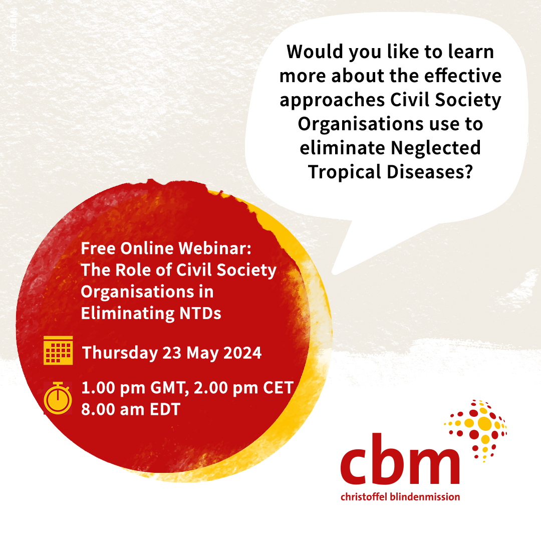 Would you like to learn more about the effective approaches Civil Society Organisations use in the fight to #BeatNTD? Register now and Join the discussion tomorrow 🗓️Thursday, May 23. ⏲️1.00 pm GMT, 2.00 pm CET. Click here to register👉 cbm-org.zoom.us/webinar/regist…