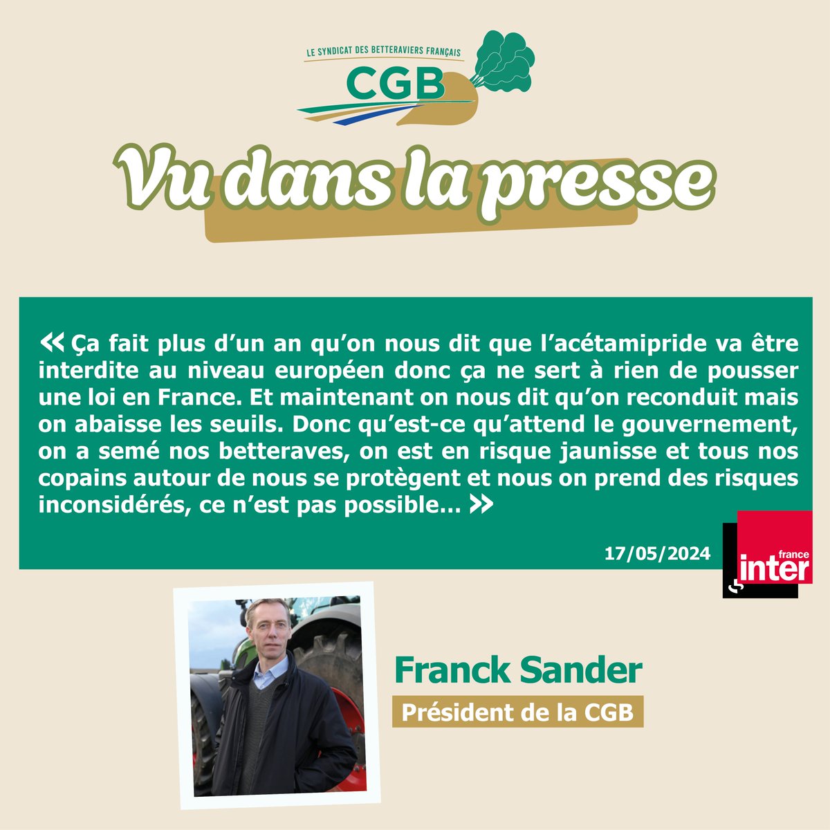 Itw sur @franceinter, @SanderFranck Pdt de @CGB_FR sur l’avis de @EFSA_EU : @_MissBetter et de nombreuses cultures ne sont pas visées par ces recommandations, car déjà conformes. La science valide cette solution pour l’agriculture, stop aux distorsions de concurrence !