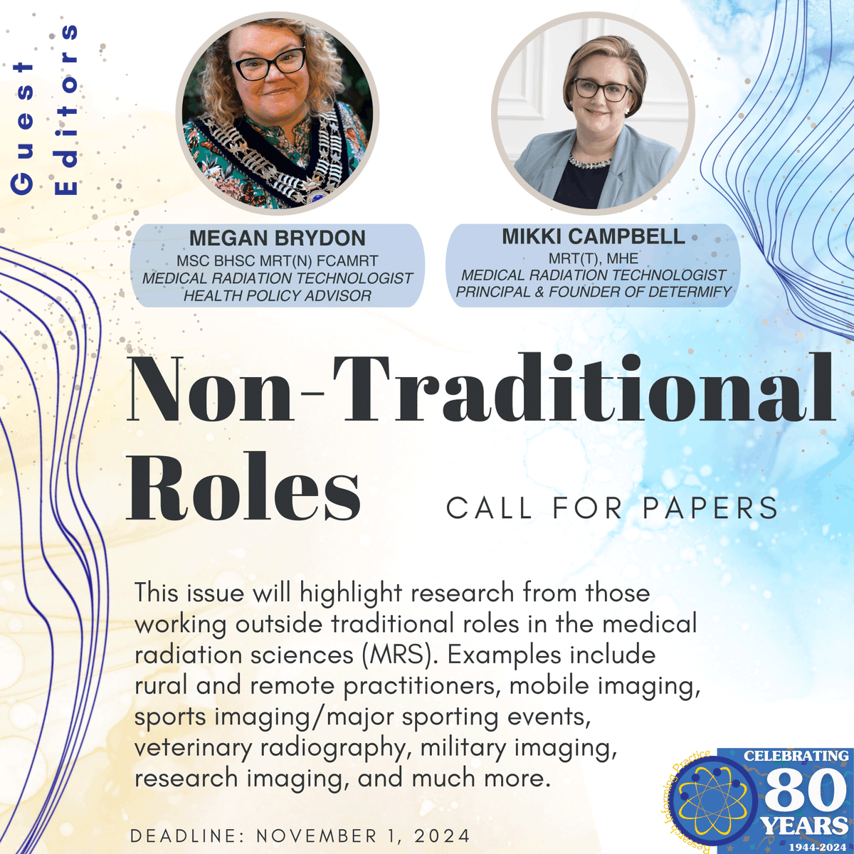 JMIRS (@jmirs1) on Twitter photo We are pleased to announce guest editors <a href="/Meggy_Bee/">Megan Brydon</a> and <a href="/mikki_campbell/">Mikki Campbell</a> for our Non-traditional Roles Special Issue, highlighting the innovative & epic diversity of roles related to medical imaging and radiation therapy. Don't miss out submitting!
camrt.ca/blog/2024/02/2… We are pleased to announce guest editors <a href="/Meggy_Bee/">Megan Brydon</a> and <a href="/mikki_campbell/">Mikki Campbell</a> for our Non-traditional Roles Special Issue, highlighting the innovative & epic diversity of roles related to medical imaging and radiation therapy. Don't miss out submitting!
camrt.ca/blog/2024/02/2…