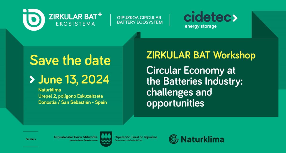 🔋🌿 ¡Únete a nuestro workshop Zirkular Bat en Naturklima! Descubre los desafíos y oportunidades de la #EconomíaCircular en la industria de las baterías. ¡No te lo pierdas! 🚀 

📅 Fecha: 13 de junio
📍 Lugar: Naturklima

¡Te esperamos! 💡