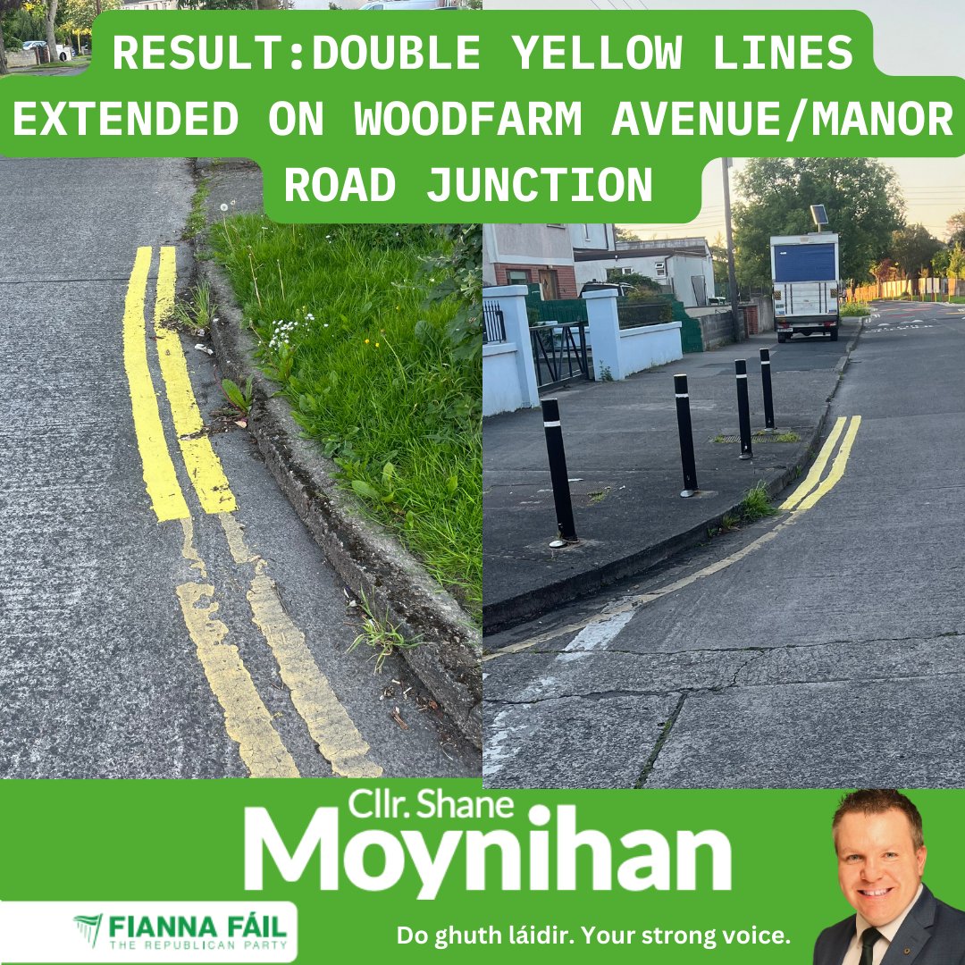 It's a small win but important to folks living on Woodfarm Avenue. Happy to see the double yellow lines extended at the junction of Manor Road/Woodfarm Avenue to prevent dangerous parking - something I raised on behalf of residents there. #palmerstownfonthill #palmerstown