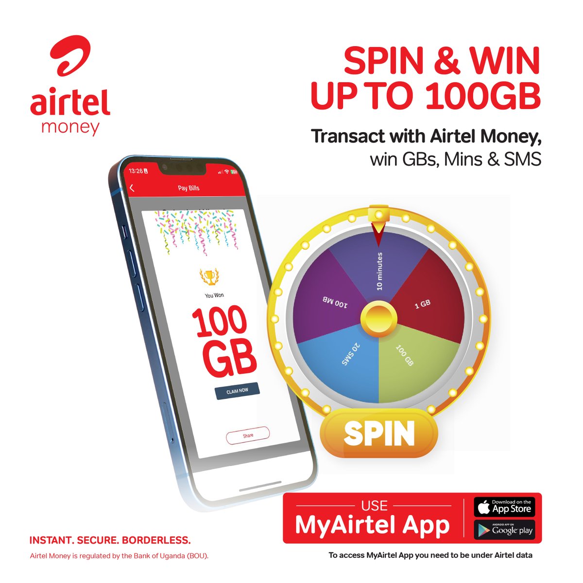 Transact with @AirtelMoney on #MyAirtelApp and stand a chance to win up to 100GB. Don’t forget to spin the wheel of Fortune 😊 airtelafrica.onelink.me/cGyr/qgj4qeu2