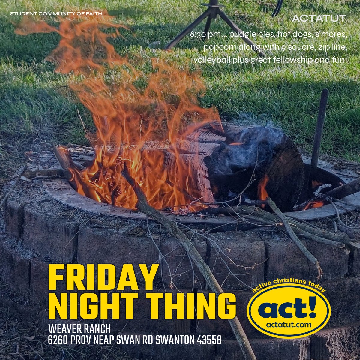 actatut's tweet image. Hey ACT'ers! It's the last FNT of the month out at the Weaver Ranch. Come and join us by the fire on Friday night. See you there!