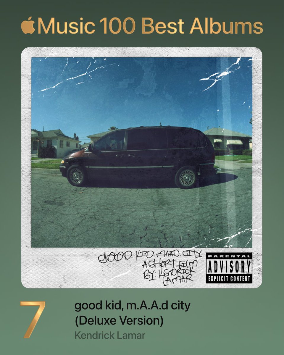 Kendrick Lamar's good kid M.A.A.d City is ranked at #7 on Apple Music's Best Albums List🚐 It's the highest ranked Rap album on the charts🏆