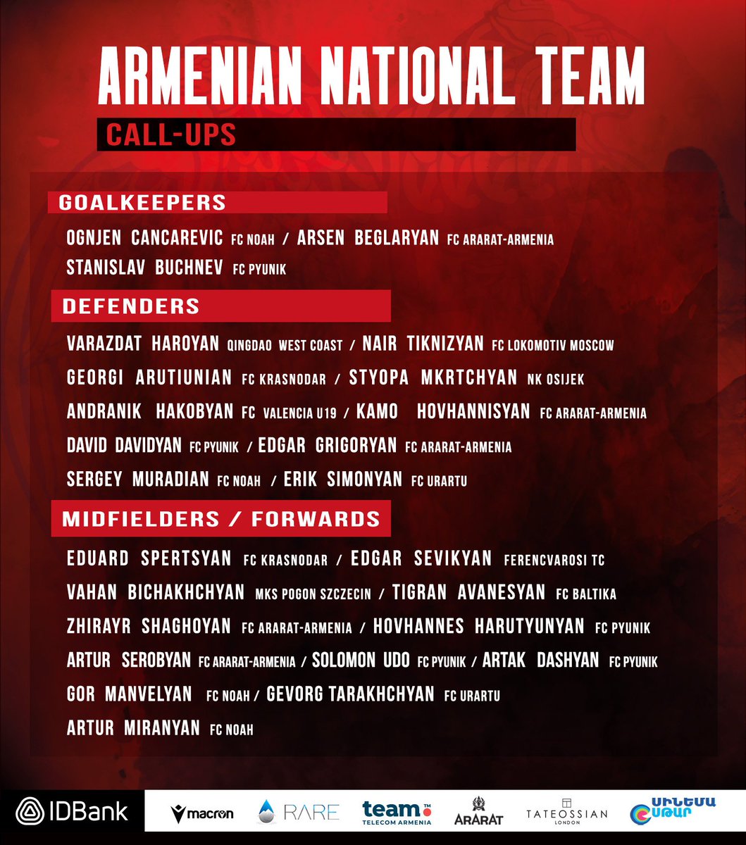 🇦🇲 La liste de notre équipe nationale 🇦🇲 pour les prochains matchs amicaux contre la Slovénie 🇸🇮 et le Kazakhstan 🇰🇿. Des nouveaux jeunes visages (Hakobyan, Manvelyan). Et des retours (Shaghoyan, Udo, Tarakhchyan, Dashyan). Intéressant !