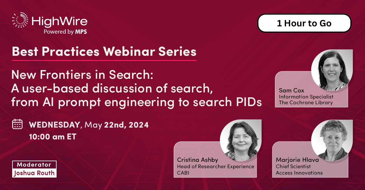 Join <a href="/highwirepress/">HighWire Press</a> in 1 hour for their webinar on Search and Prompt Engineering.

Register:
us06web.zoom.us/webinar/regist…

#Search #PromptEngineering #PIDs #AI #Research