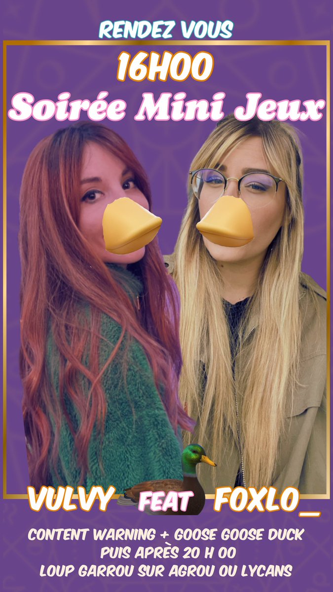COIN-COIN ! 🦆 
Soirée mini jeux avec la fabuleuse <a href="/foxlo3/">Foxlo_</a> CE SOIR ! Venez jouer avec nous sur du Goose goose duck ou venez rigoler de nos exploits sur Content Warning ⚠️ 
Pour les plus motivés on partira sur un jeu « loup garou » 🐺