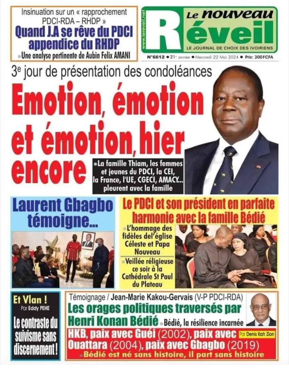 #CoteDivoire #presse #LaUne
ALASSANE OUATTARA BIENTÔT EN CORÉE DU SUD
Les raisons de ce voyage

CEREMONIE D'HOMMAGE À OUATTARA
Le père Basile Diané recadre le RHDP et ses dirigeants

PRÉSIDENTIELLE 2025
Pourquoi Laurent Gbagbo est le candidat idéal pour la Côte d'Ivoire