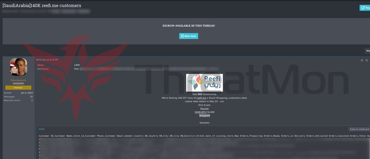 🚨 Alleged Sale of Saudi Arabia Reefi Customers Database Ddarknotevil, a threat actor, has announced the sale of 140,557 rows of reefi, which is Saudi shopping customer data. The allegedly compromised data includes ID, name, phone, email, country, gender, city, district, street,