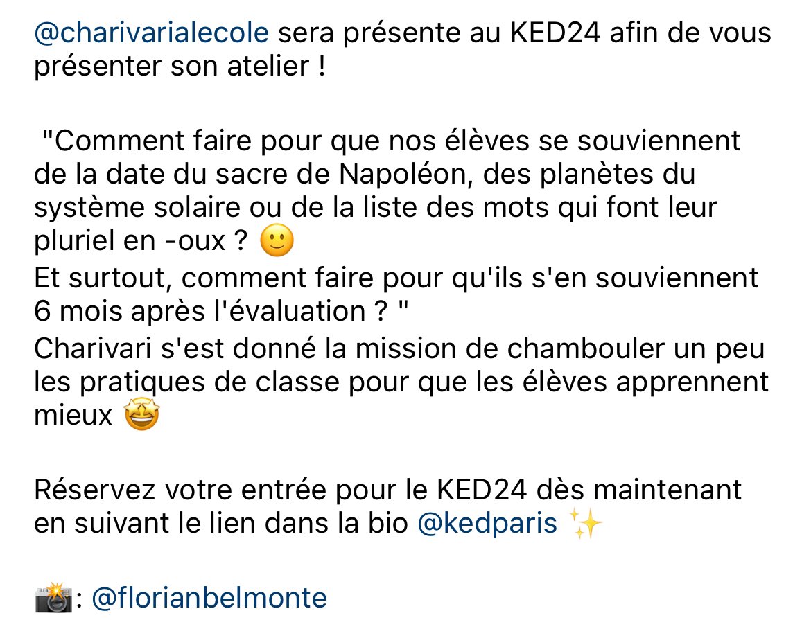 Cette année, j’ai accepté d’animer un atelier au KED  de <a href="/KlassroomFR/">Klassroom</a> : 
Les neurosciences au service de la mémorisation, 
ou 25 idées concrètes pour que nos élèves retiennent ce qu’on leur enseigne. 
Bon sujet, n’est-ce pas ?