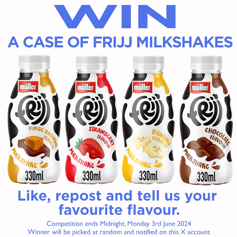 #COMPETITION TIME
#WIN a case of Müller Frijj Milkshakes.
To enter, simply Like and Share and tell us your favourite flavour: Fudge Brownie, Strawberry, Banana or Chocolate?

Winner selected at random. The #competition closes at midnight on Mon 3rd June 24