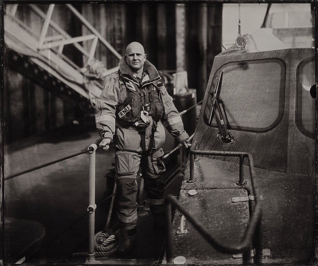 Daryl Randles, @FleetwoodRNLI Coxswain Mechanic aboard the station’s Shannon class lifeboat, April 2022 12x10 inch wet collodion positive on glass @seantuck documented the making of this plate in a fantastic short film about the project, which you can see on the website. #RNLI