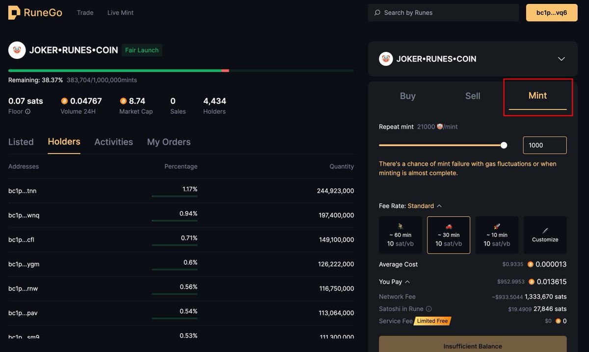 The Big Announcement 🔊
​
RuneGo has now launched the lowest-cost #runes minting tool that provides the following features 👇
​
🤌 Bulk Minting: Supports bulk minting of up to 1000 items (Note: If gas prices significantly fluctuate, there may be a delay in on-chain time;