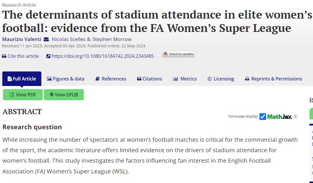 Drs @MauValenti and @Scenic82 and their co-author have published a paper in European Sport Management Quarterly titled, 'The determinants of stadium attendance in elite women’s football: evidence from the FA Women’s Super League.' Full paper here: tandfonline.com/doi/full/10.10…