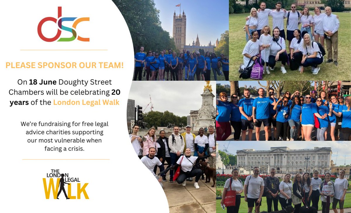 DoughtyStreet's tweet photo. Doughty Street Chambersย are delighted to be taking part in the #LondonLegalWalk organised by @londonlegal again this year!
We will be walking 10km on Tuesday 18th June to support the most vulnerable in society to access life changing free legal advice.
Please kindly consider sponsoring our team of walkers, all donations welcome: https://t.co/URRaH9a9LS
More info here: https://t.co/QevbpYJFem