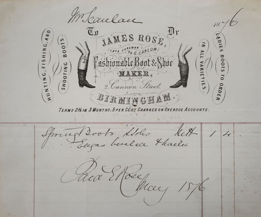Today we have a 150 year old invoice dated May 1876 from James Rose 'Fashionable Boot & Shoe Maker' of 2 Cannon Street, Birmingham for a pair of Spring Boots . Useful in weather like this! Image ref: MS 731/147 #RainyDay #Cityof1000Trades